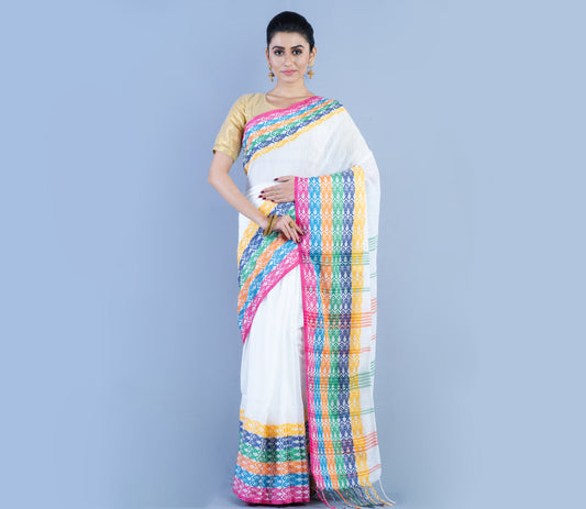 Handloom Cotton Saree - White With Multi Color Fish Design Par - ArtisanSoul