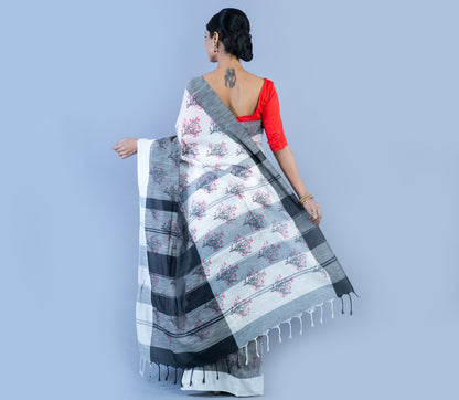 Handloom Cotton Saree - Black & White - ArtisanSoul
