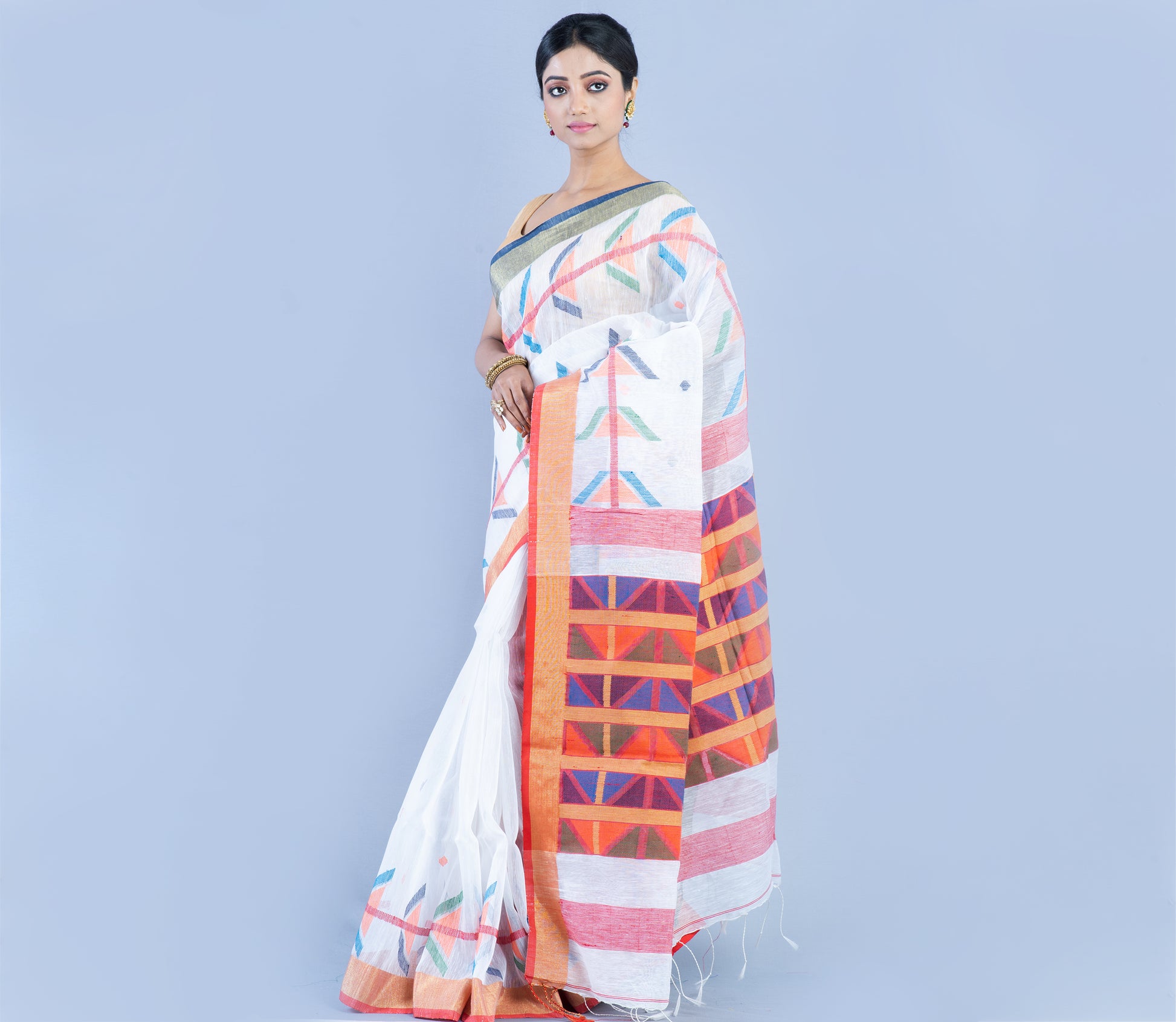 Handloom Linen Saree - White & Multi Color Anchal - ArtisanSoul