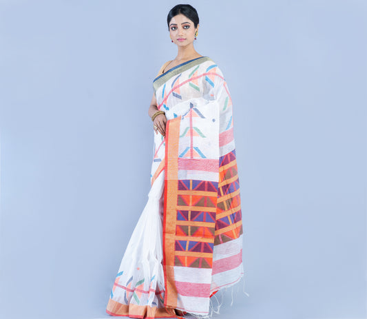 Handloom Linen Saree - White & Multi Color Anchal - ArtisanSoul