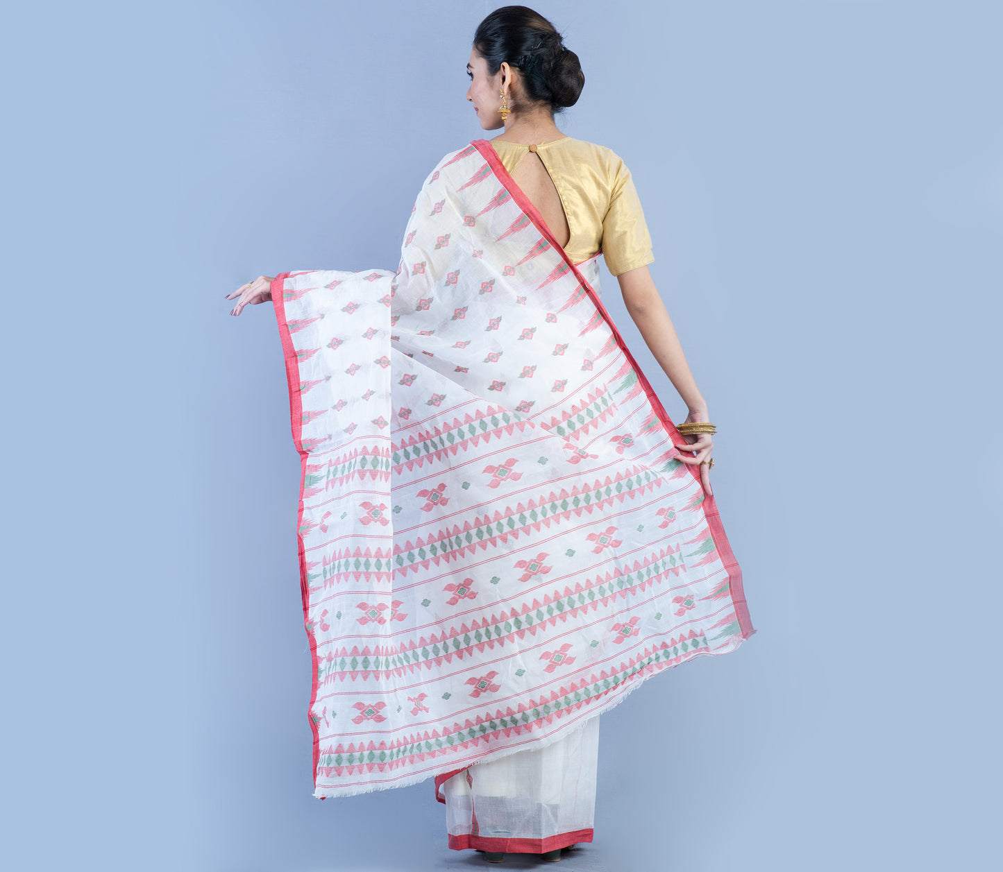 Handloom Saree - Red Work On White - ArtisanSoul