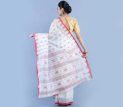Handloom Saree - Red Work On White - ArtisanSoul
