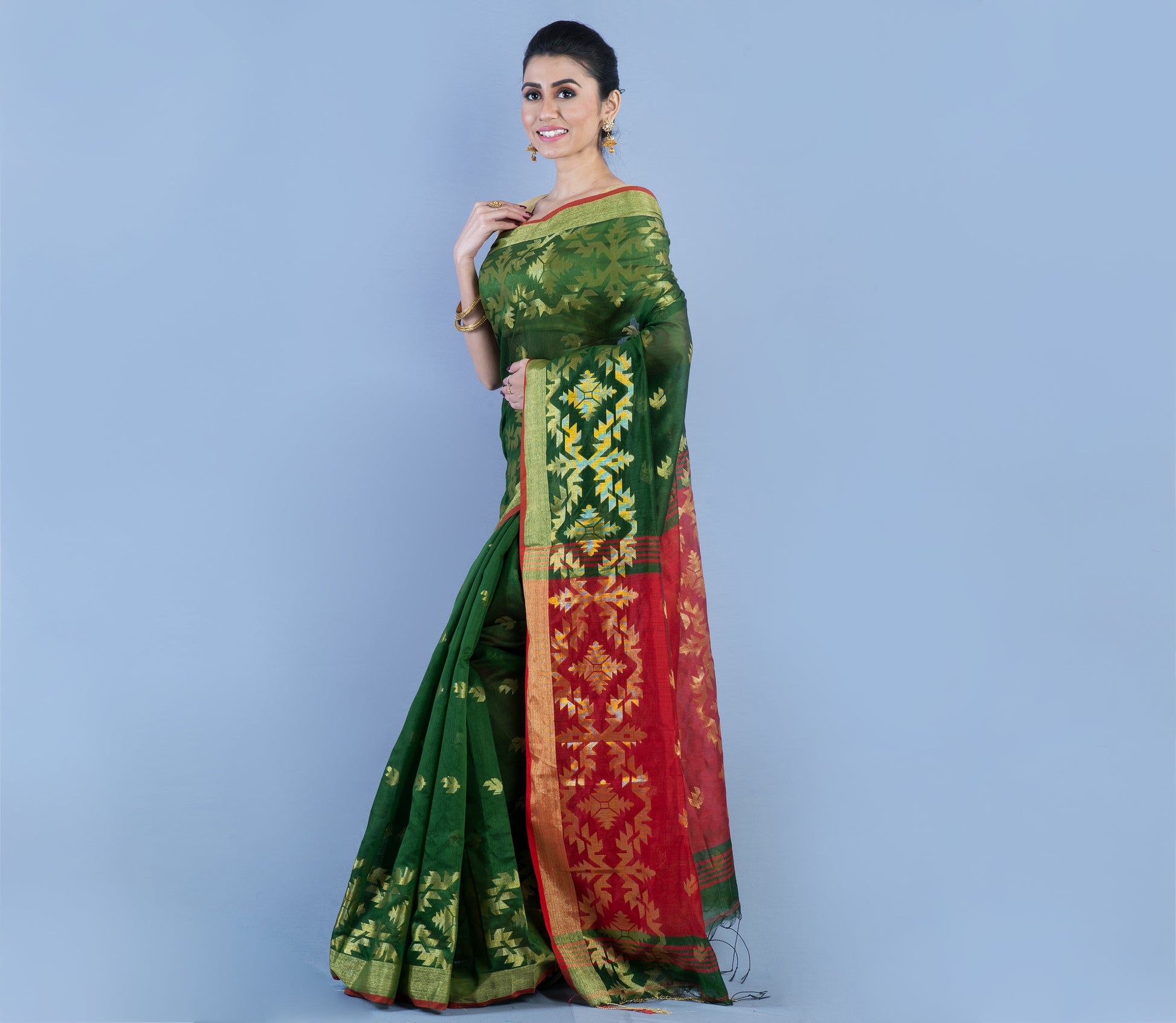 HANDLOOM SAREE WITH MINAE KAJ ALL OVER THE SAREE - GREEN AND MAROON - ArtisanSoul