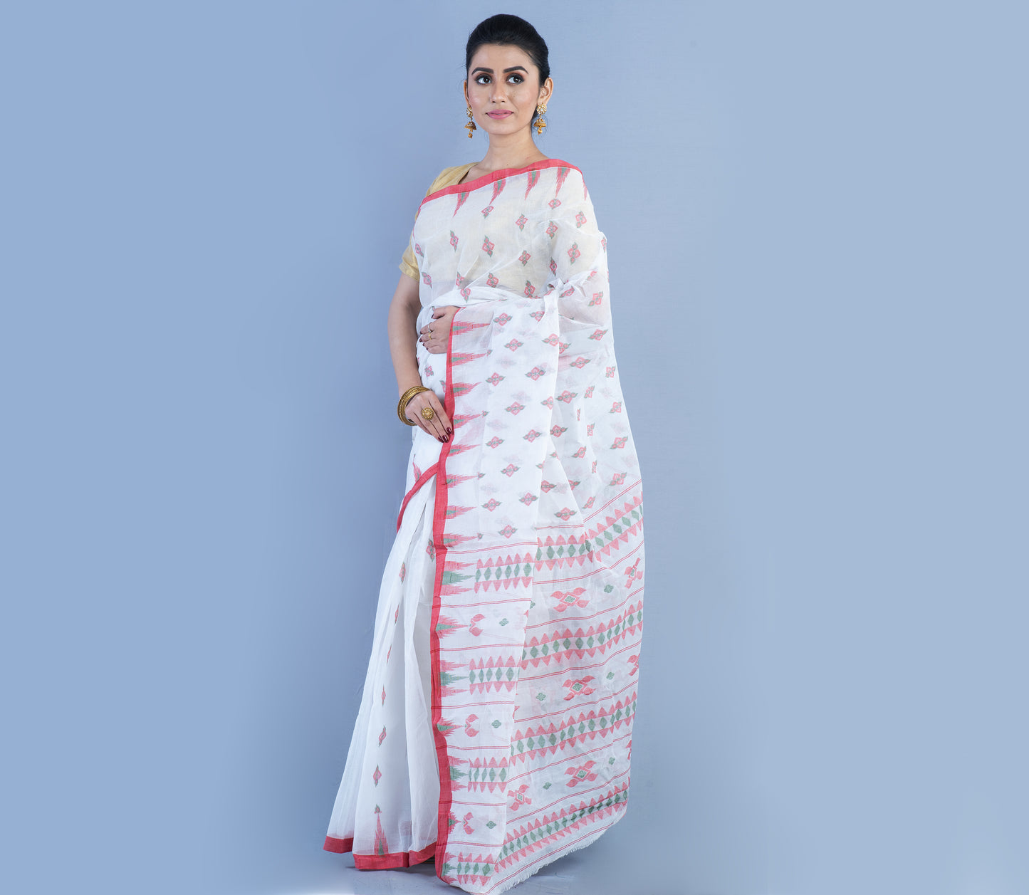 Handloom Saree - Red Work On White - ArtisanSoul