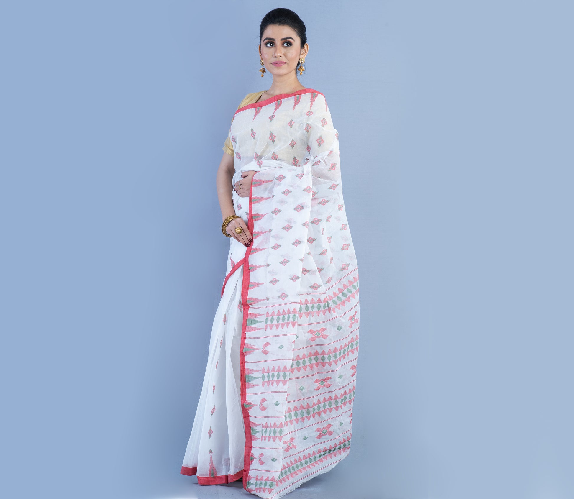 Handloom Saree - Red Work On White - ArtisanSoul