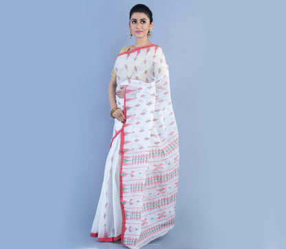 Handloom Saree - Red Work On White - ArtisanSoul
