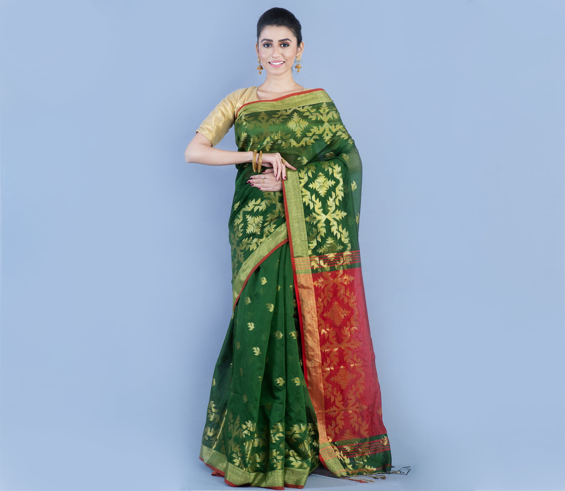 HANDLOOM SAREE WITH MINAE KAJ ALL OVER THE SAREE - GREEN AND MAROON - ArtisanSoul