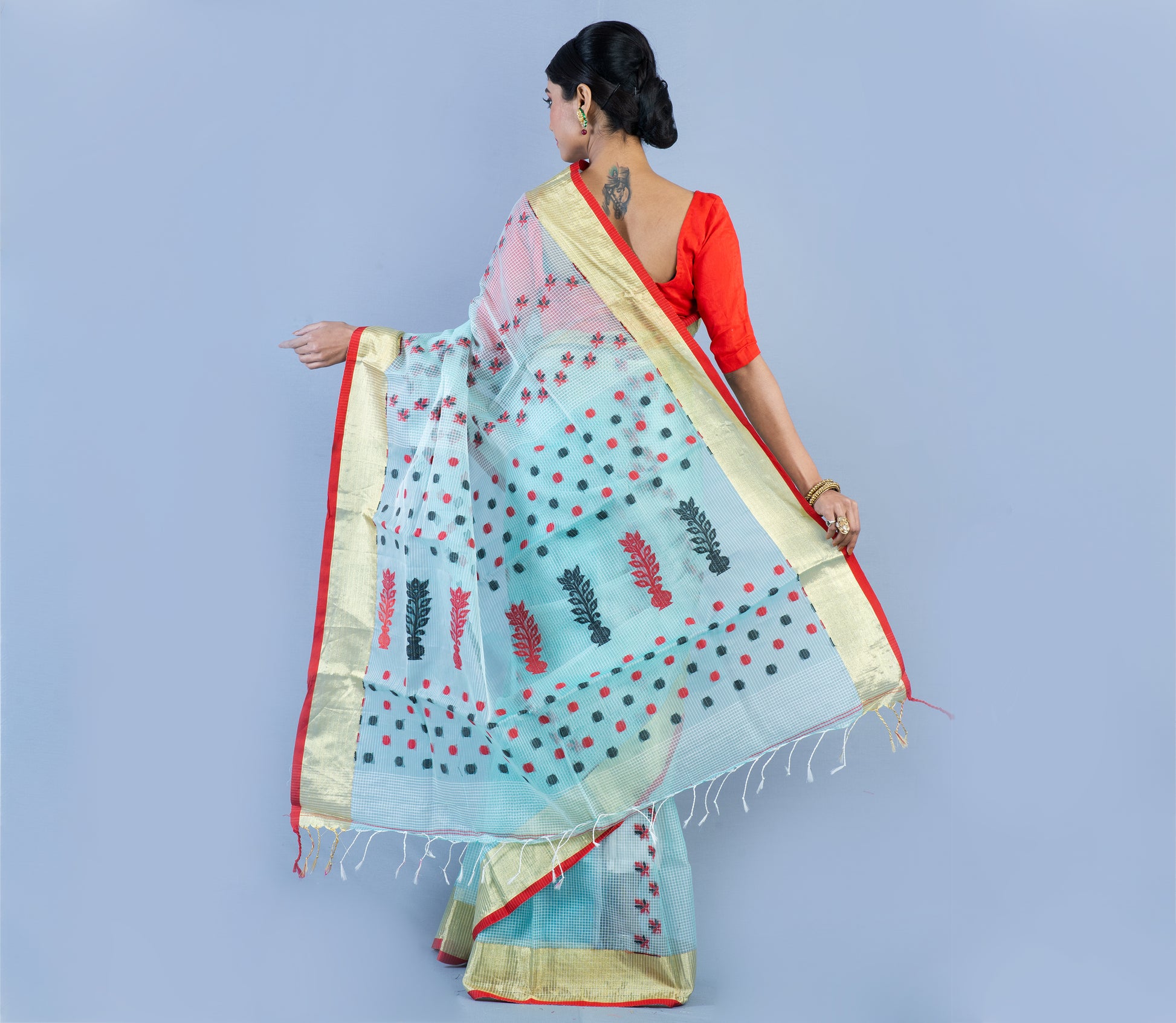 Handloom Kota Saree with Zari Par - Red on Moss Green - ArtisanSoul
