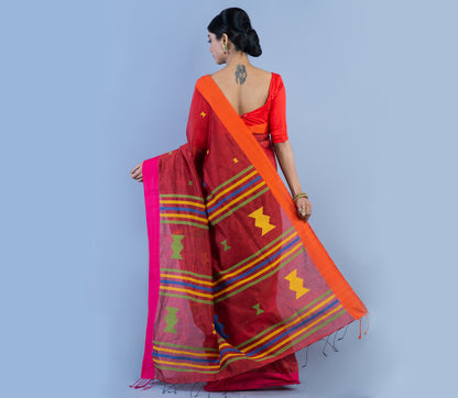 Handloom Saree - Pink and Orange on Maroon - ArtisanSoul