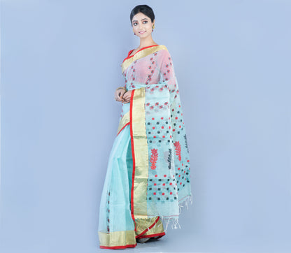 Handloom Kota Saree with Zari Par - Red on Moss Green - ArtisanSoul