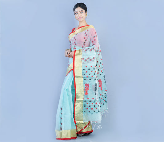 Handloom Kota Saree with Zari Par - Red on Moss Green - ArtisanSoul