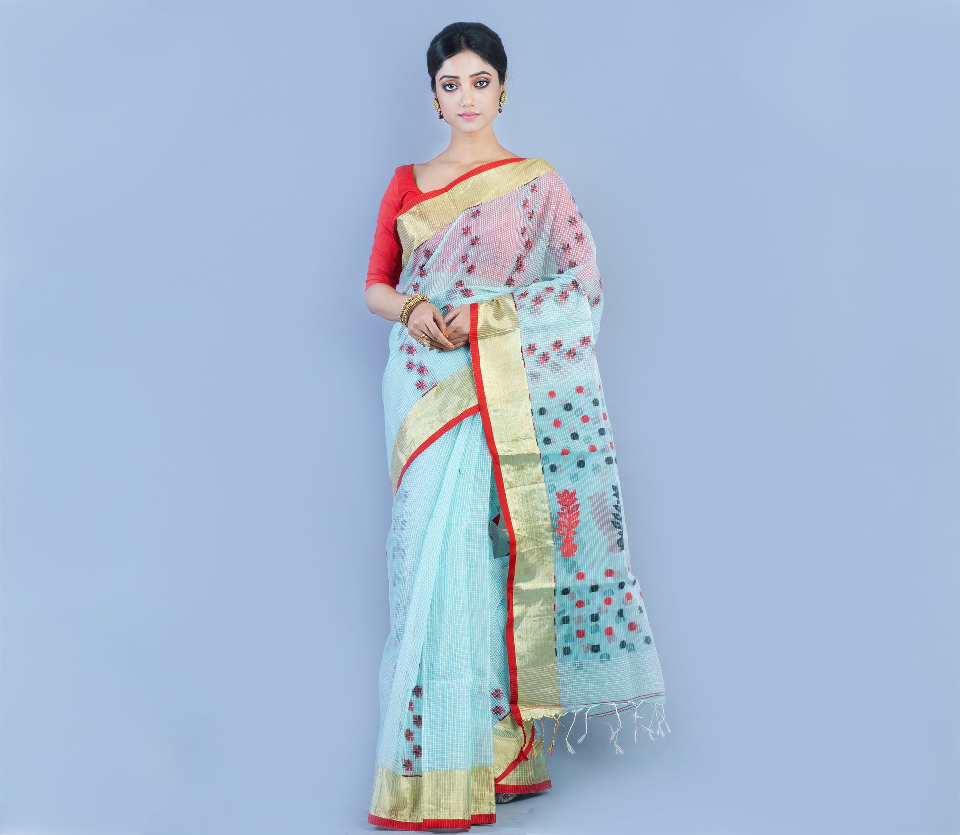 Handloom Kota Saree with Zari Par - Red on Moss Green - ArtisanSoul