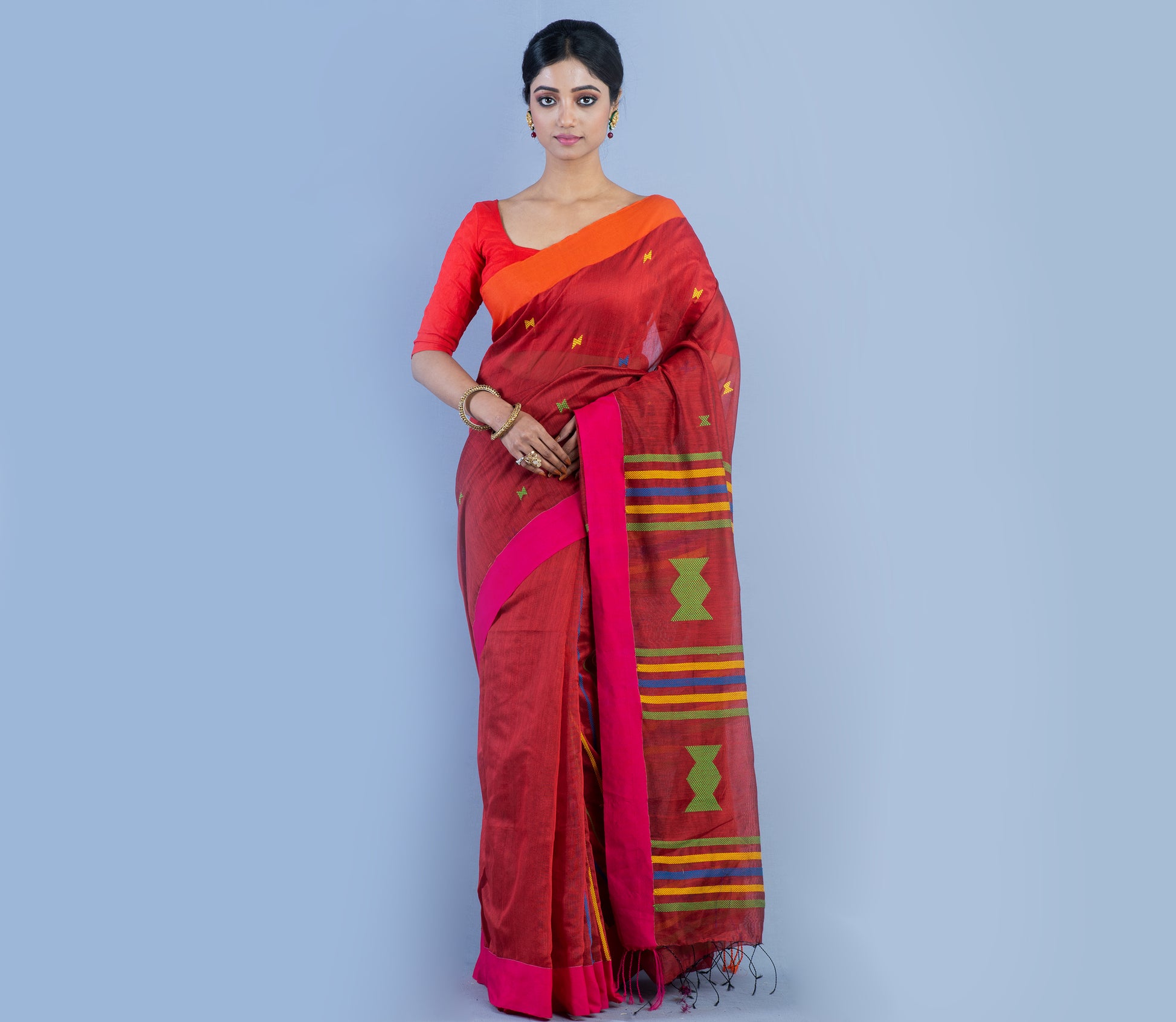 Handloom Saree - Pink and Orange on Maroon - ArtisanSoul