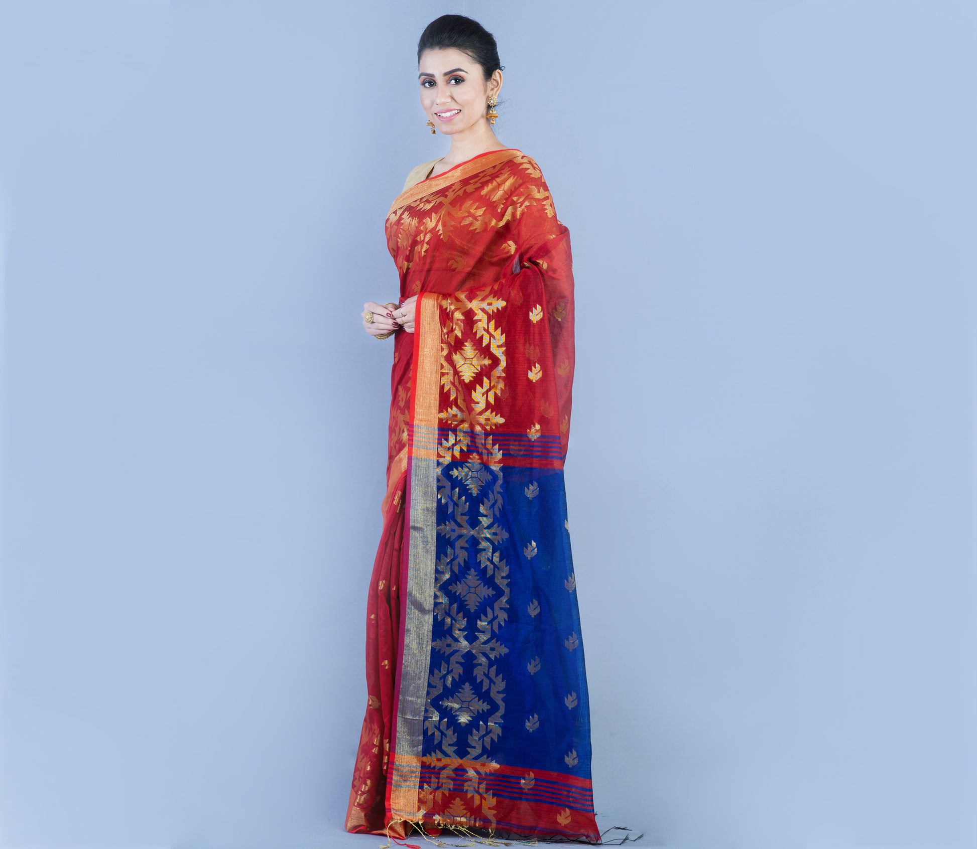 HANDLOOM SAREE WITH WORK ALL OVER THE SAREE - MAROON AND BLUE - ArtisanSoul