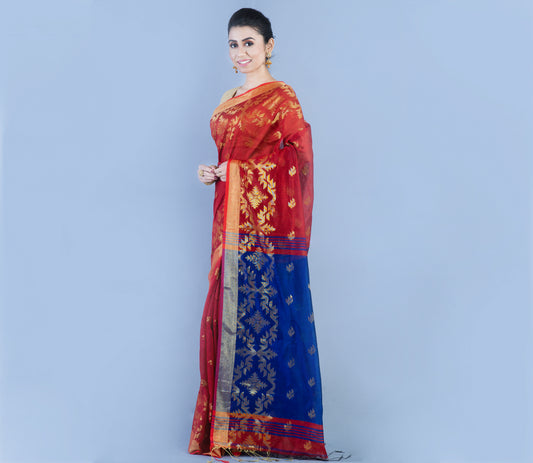 HANDLOOM SAREE WITH WORK ALL OVER THE SAREE - MAROON AND BLUE - ArtisanSoul