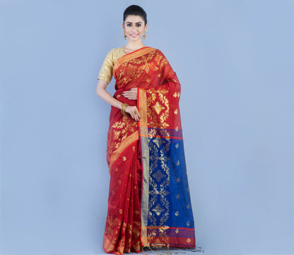 HANDLOOM SAREE WITH WORK ALL OVER THE SAREE - MAROON AND BLUE - ArtisanSoul