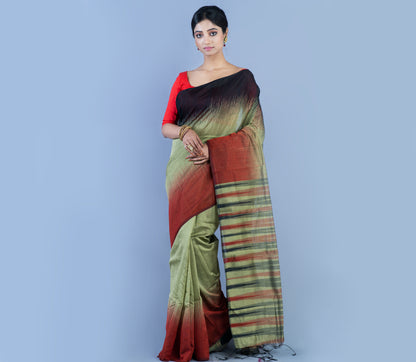 Handloom Ikkat Saree - Black & Maroon On Moss Green - ArtisanSoul