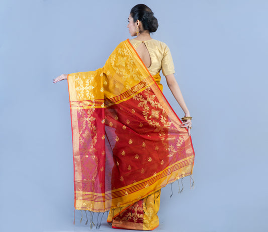 Handloom Saree with all over Zari work on Saree - Mustard Yellow and Red - ArtisanSoul