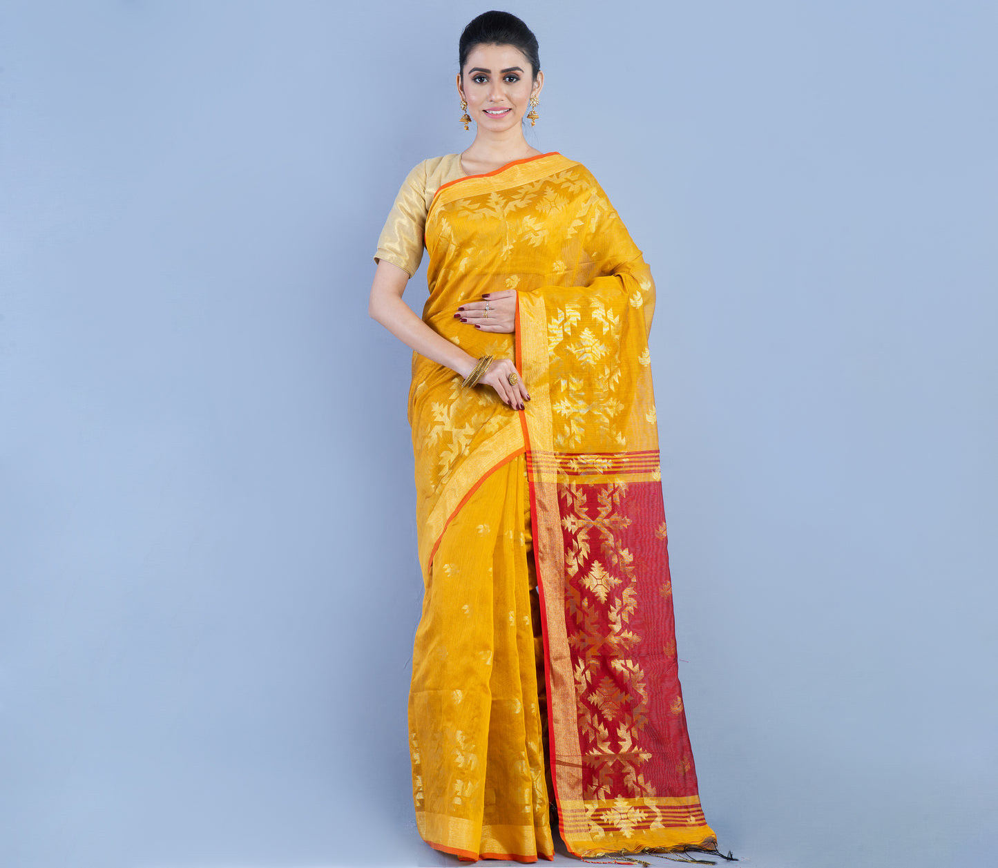 Handloom Saree with all over Zari work on Saree - Mustard Yellow and Red - ArtisanSoul