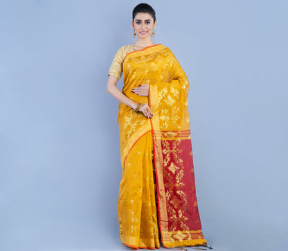 Handloom Saree with all over Zari work on Saree - Mustard Yellow and Red - ArtisanSoul