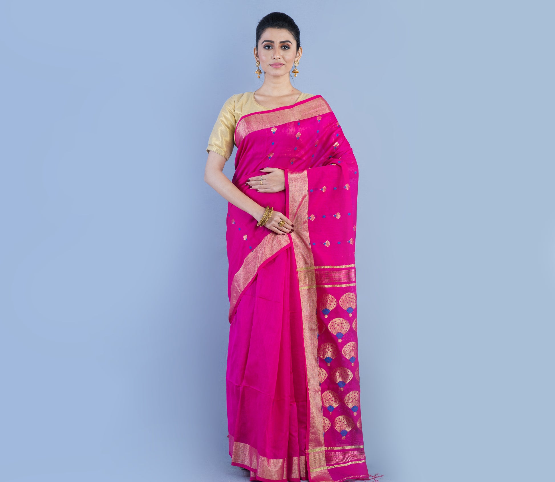 Handloom Tant Saree - Zaro Work On Dark Pink - ArtisanSoul