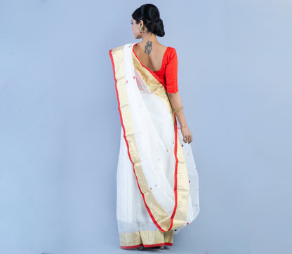 Handloom Kota Saree with Zari Par - Red on White - ArtisanSoul
