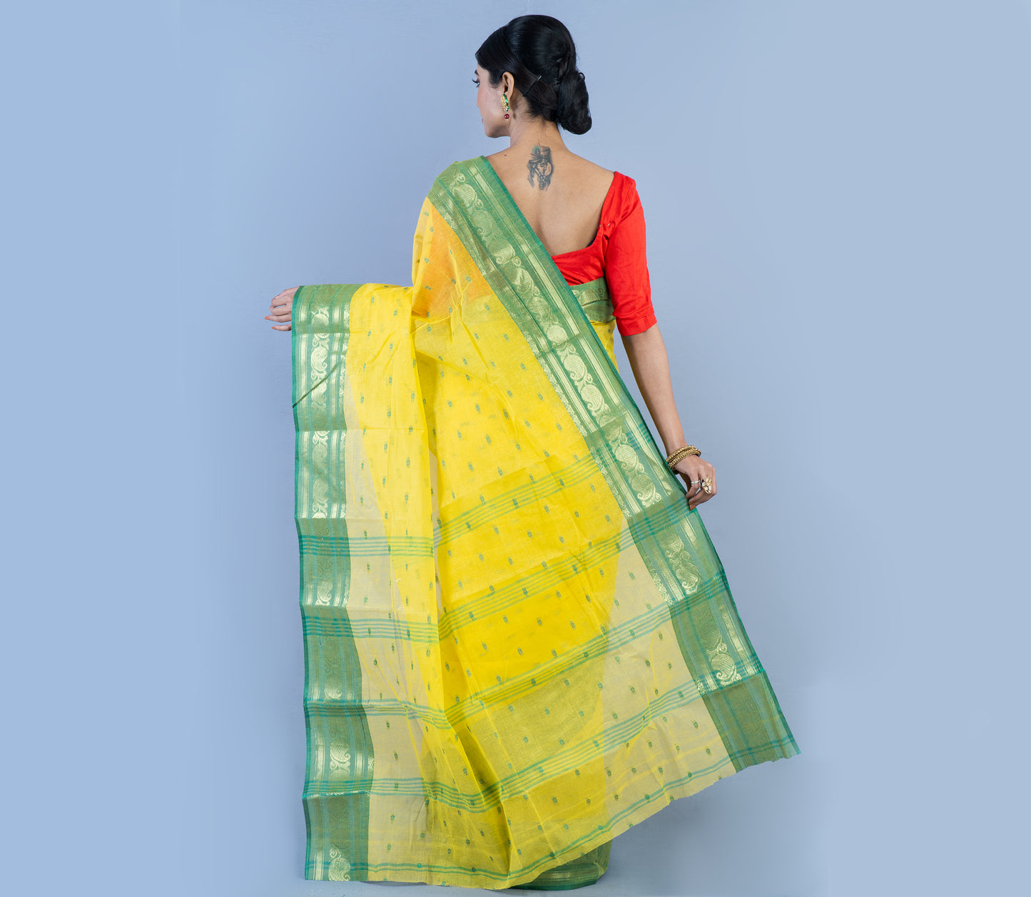 Handloom Tant Saree With All Over Work - Olive Green On Yellow - ArtisanSoul