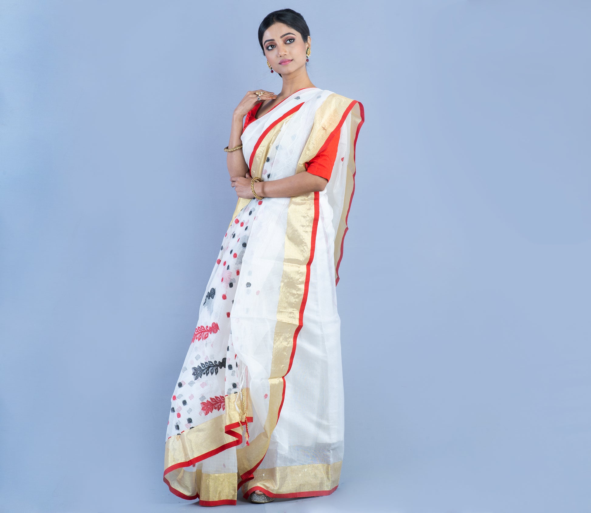 Handloom Kota Saree with Zari Par - Red on White - ArtisanSoul