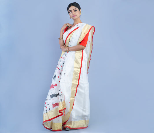 Handloom Kota Saree with Zari Par - Red on White - ArtisanSoul