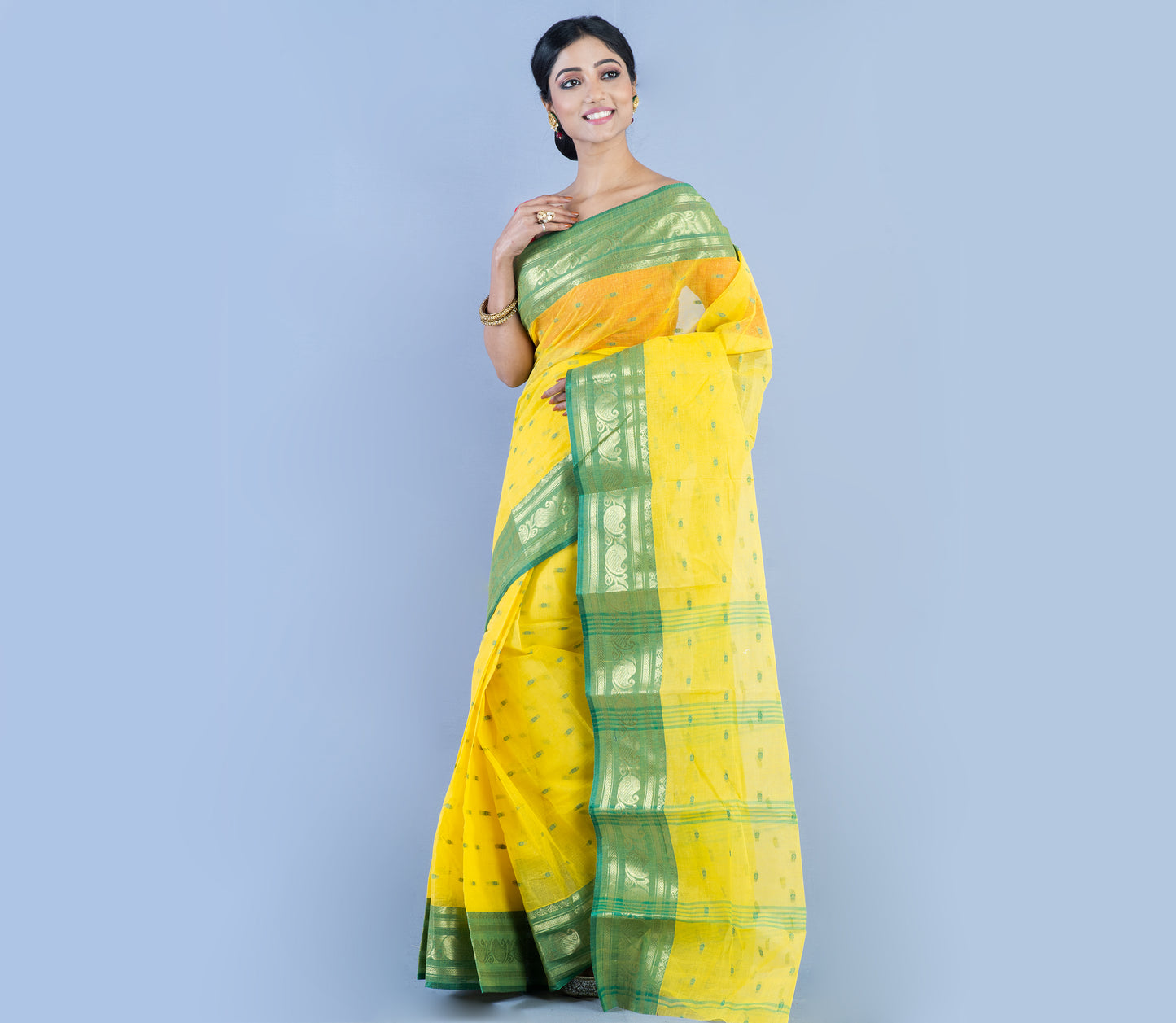 Handloom Tant Saree With All Over Work - Olive Green On Yellow - ArtisanSoul
