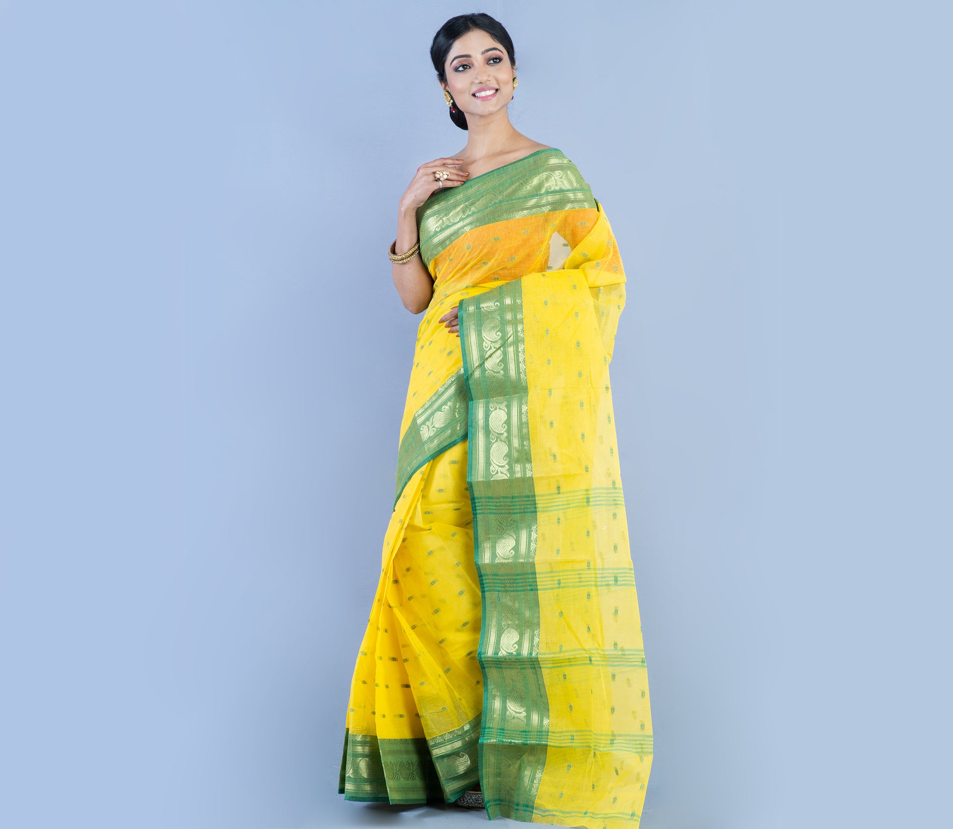 Handloom Tant Saree With All Over Work - Olive Green On Yellow - ArtisanSoul