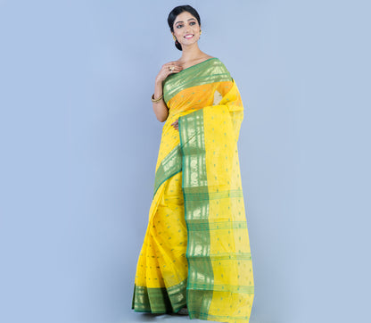 Handloom Tant Saree With All Over Work - Olive Green On Yellow - ArtisanSoul