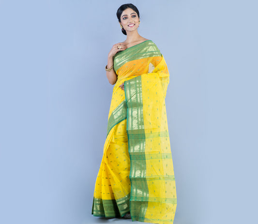 Handloom Tant Saree With All Over Work - Olive Green On Yellow - ArtisanSoul