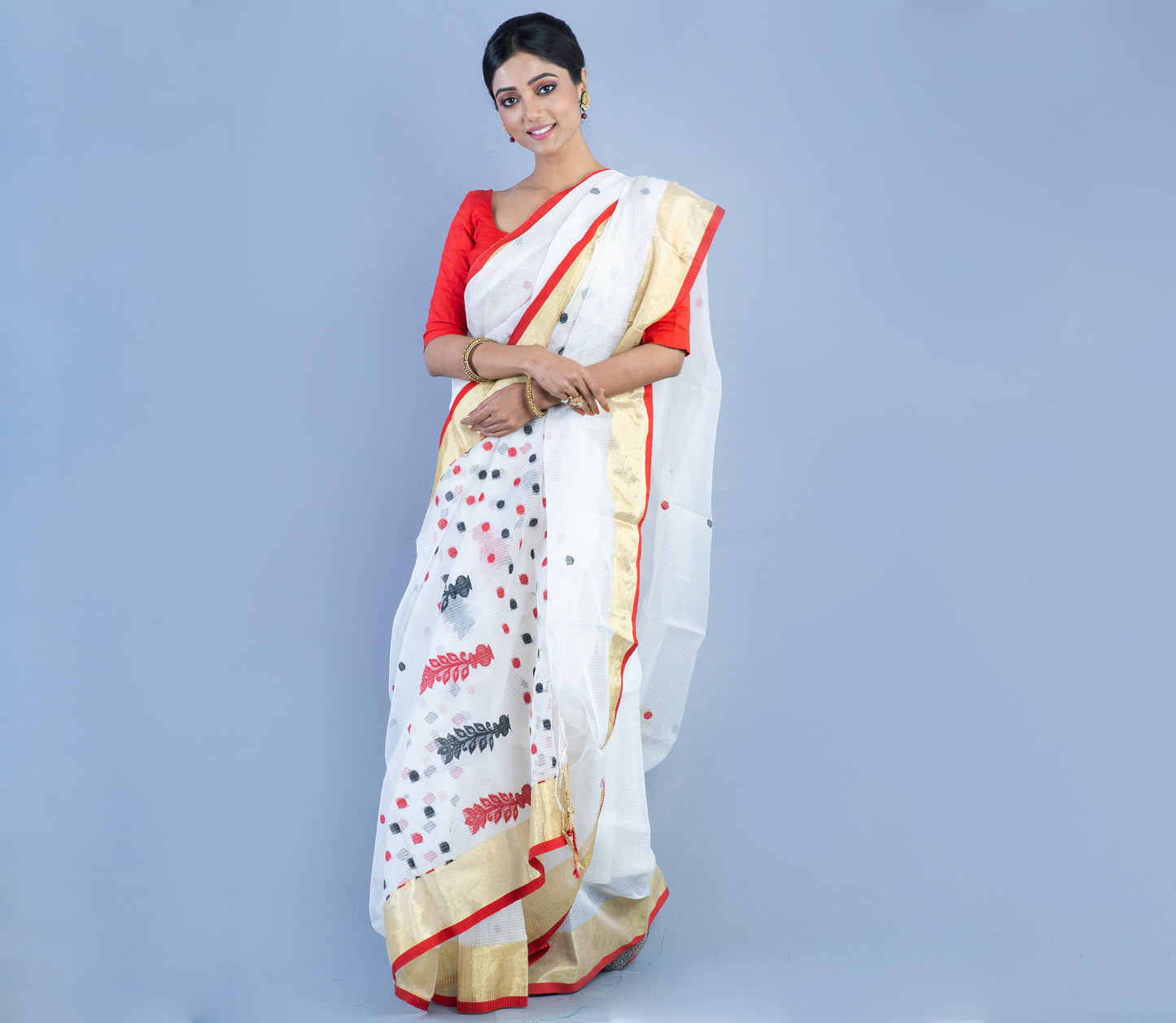 Handloom Kota Saree with Zari Par - Red on White - ArtisanSoul