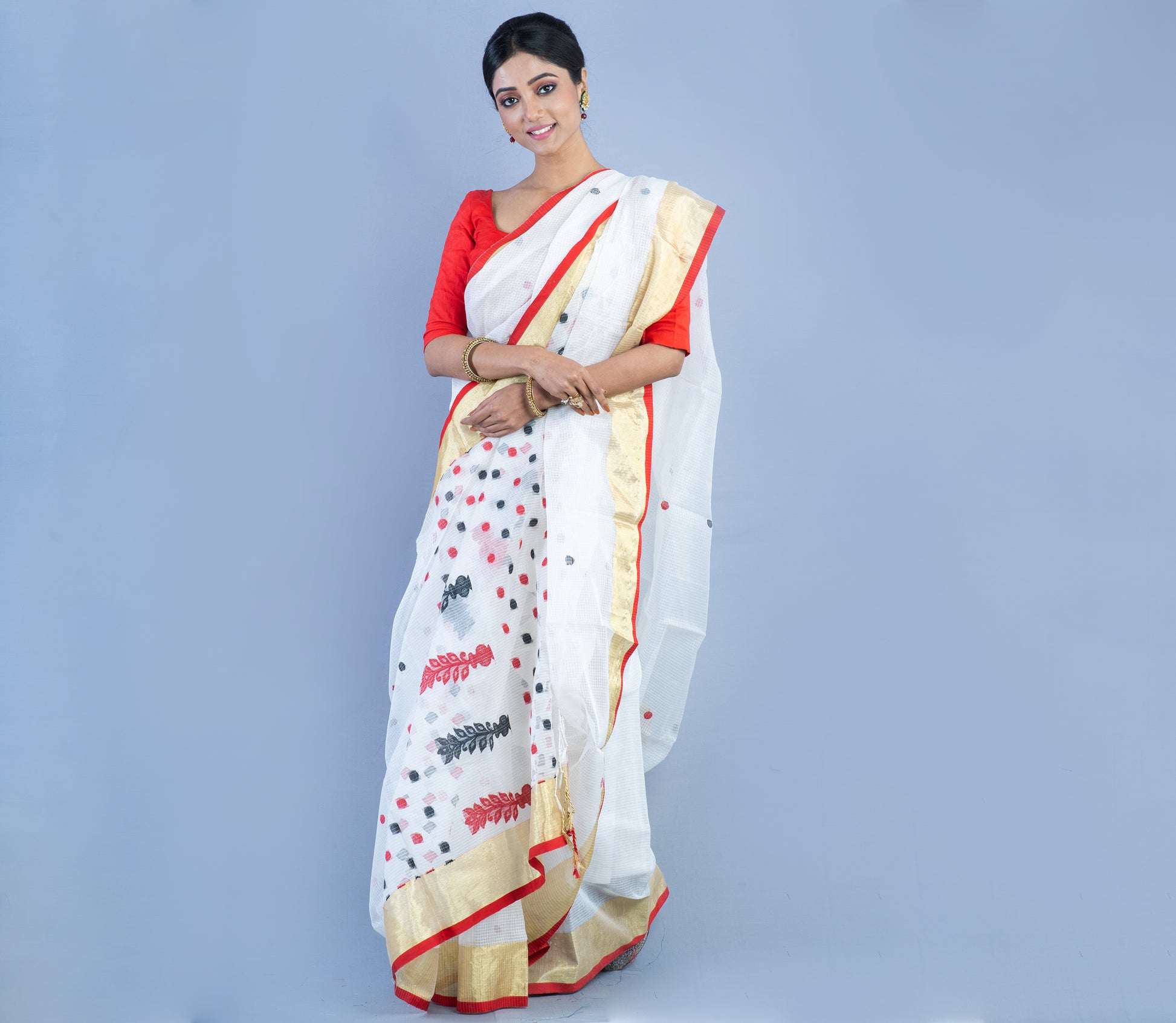 Handloom Kota Saree with Zari Par - Red on White - ArtisanSoul
