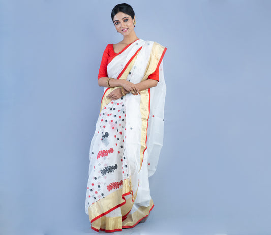 Handloom Kota Saree with Zari Par - Red on White - ArtisanSoul