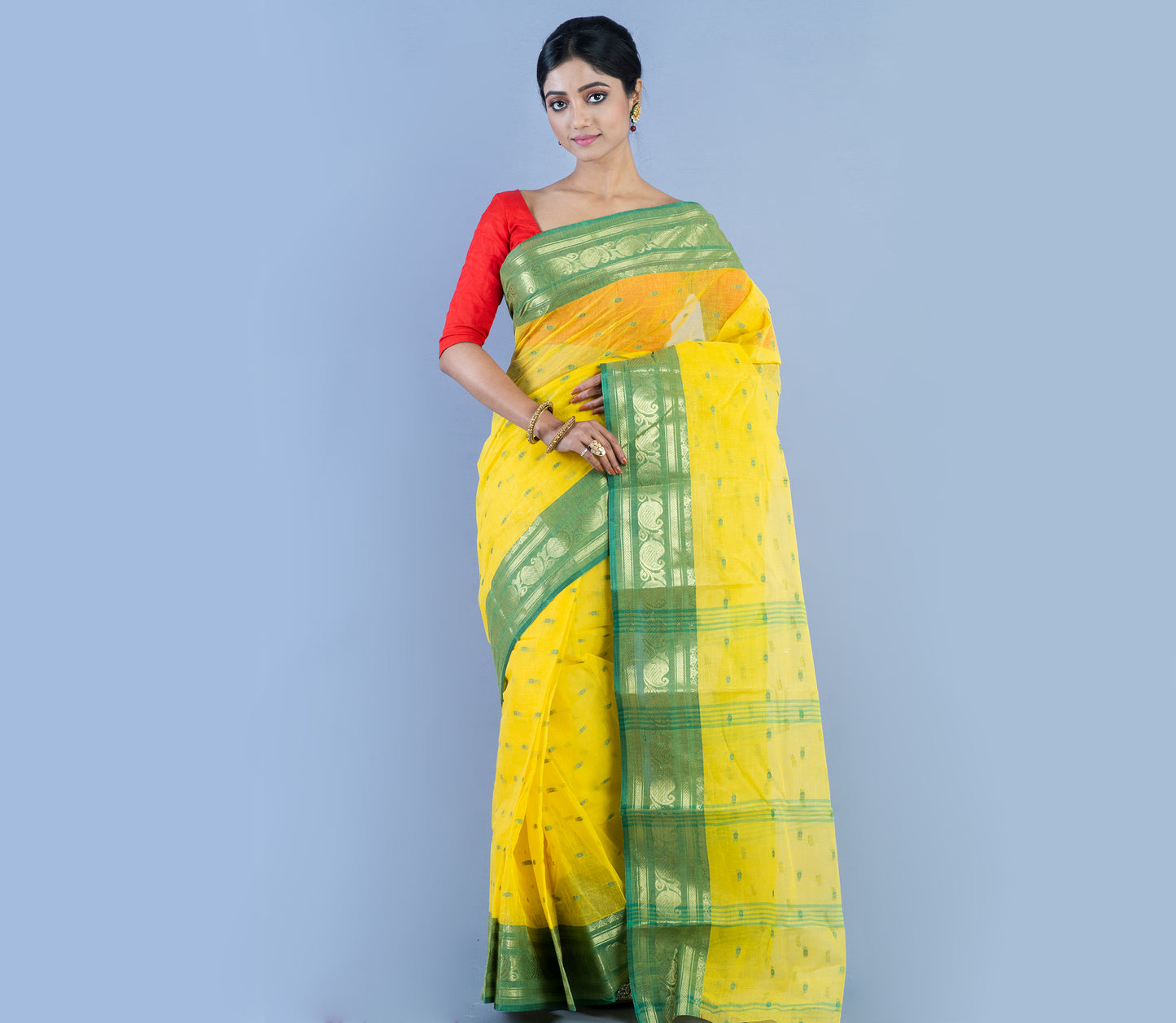 Handloom Tant Saree With All Over Work - Olive Green On Yellow - ArtisanSoul