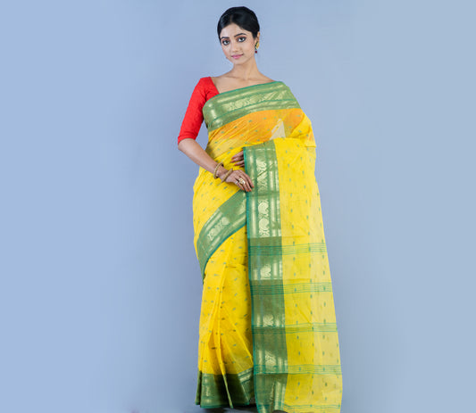 Handloom Tant Saree With All Over Work - Olive Green On Yellow - ArtisanSoul