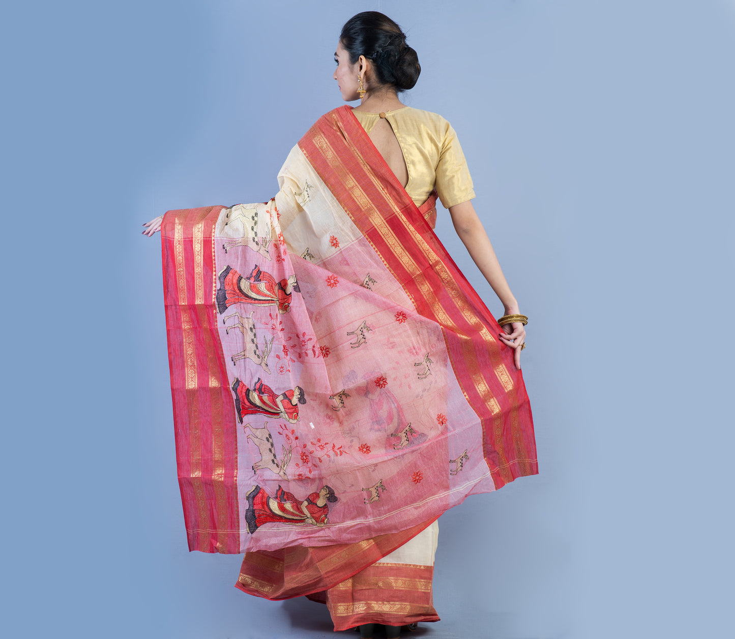 Handloom Cotton Saree With Embroidery Work - White & Red - ArtisanSoul
