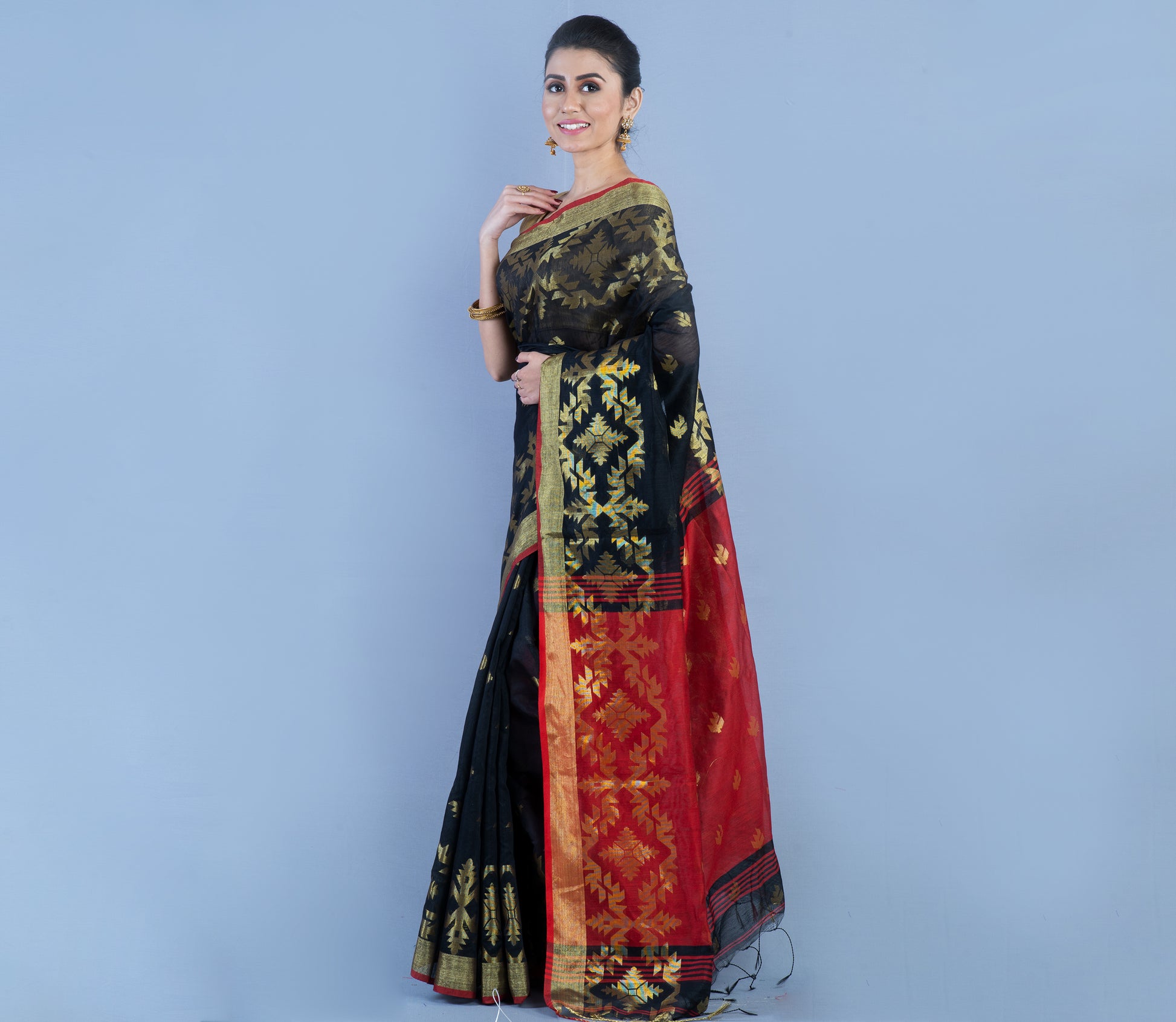 HANDLOOM SAREE WITH WORK ALL OVER THE SAREE - BLACK AND MAROON - ArtisanSoul