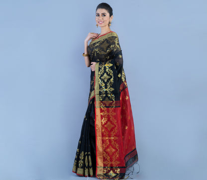 HANDLOOM SAREE WITH WORK ALL OVER THE SAREE - BLACK AND MAROON - ArtisanSoul
