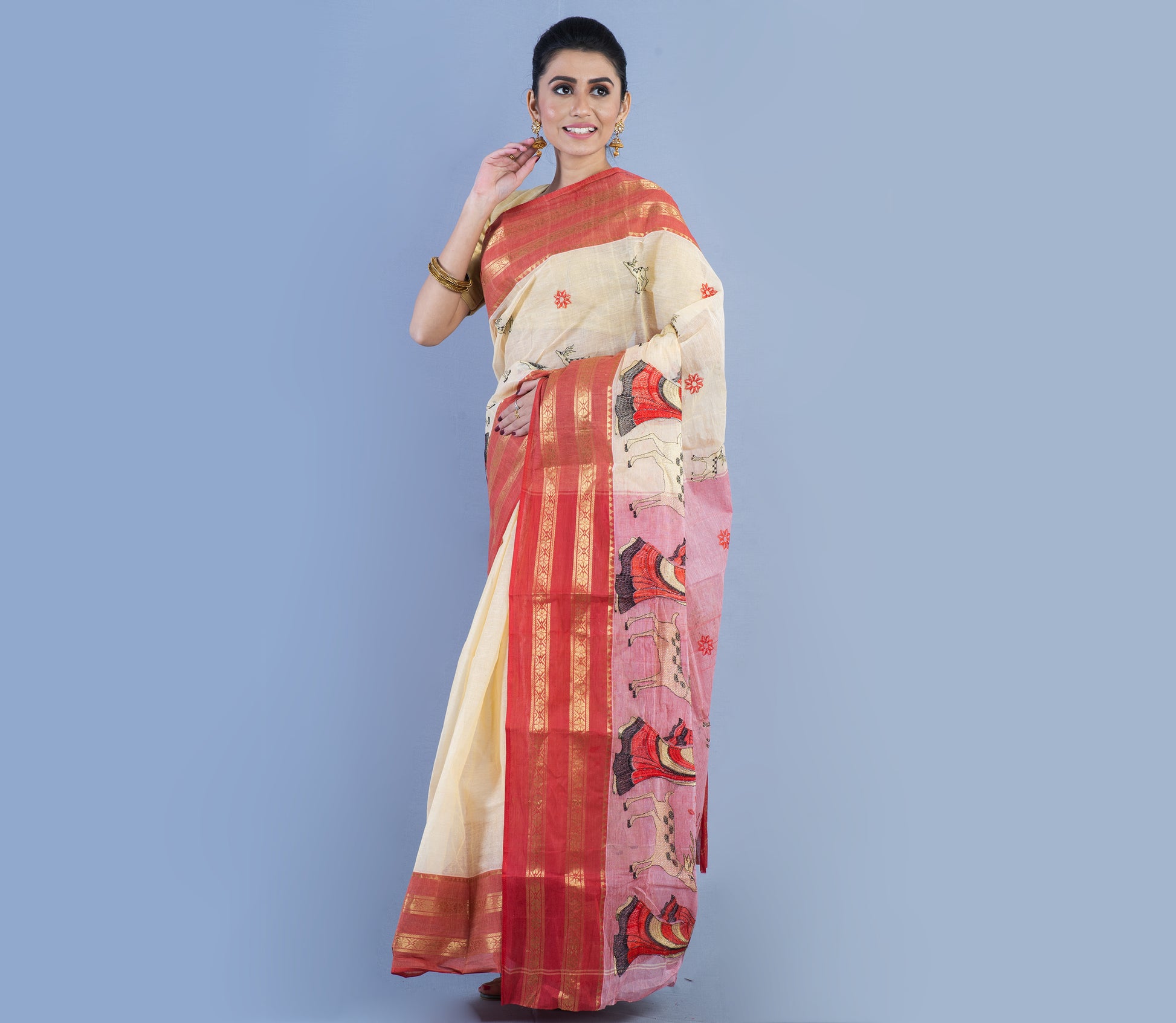 Handloom Cotton Saree With Embroidery Work - White & Red - ArtisanSoul