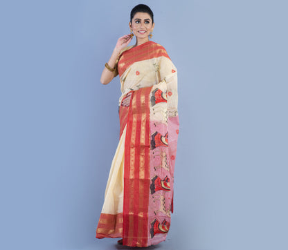 Handloom Cotton Saree With Embroidery Work - White & Red - ArtisanSoul