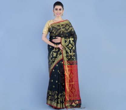HANDLOOM SAREE WITH WORK ALL OVER THE SAREE - BLACK AND MAROON - ArtisanSoul