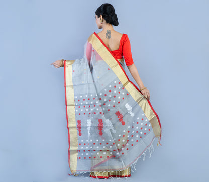 Handloom Kota Saree with Zari Par - Red on Silver - ArtisanSoul