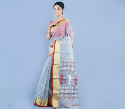 Handloom Kota Saree with Zari Par - Red on Silver - ArtisanSoul