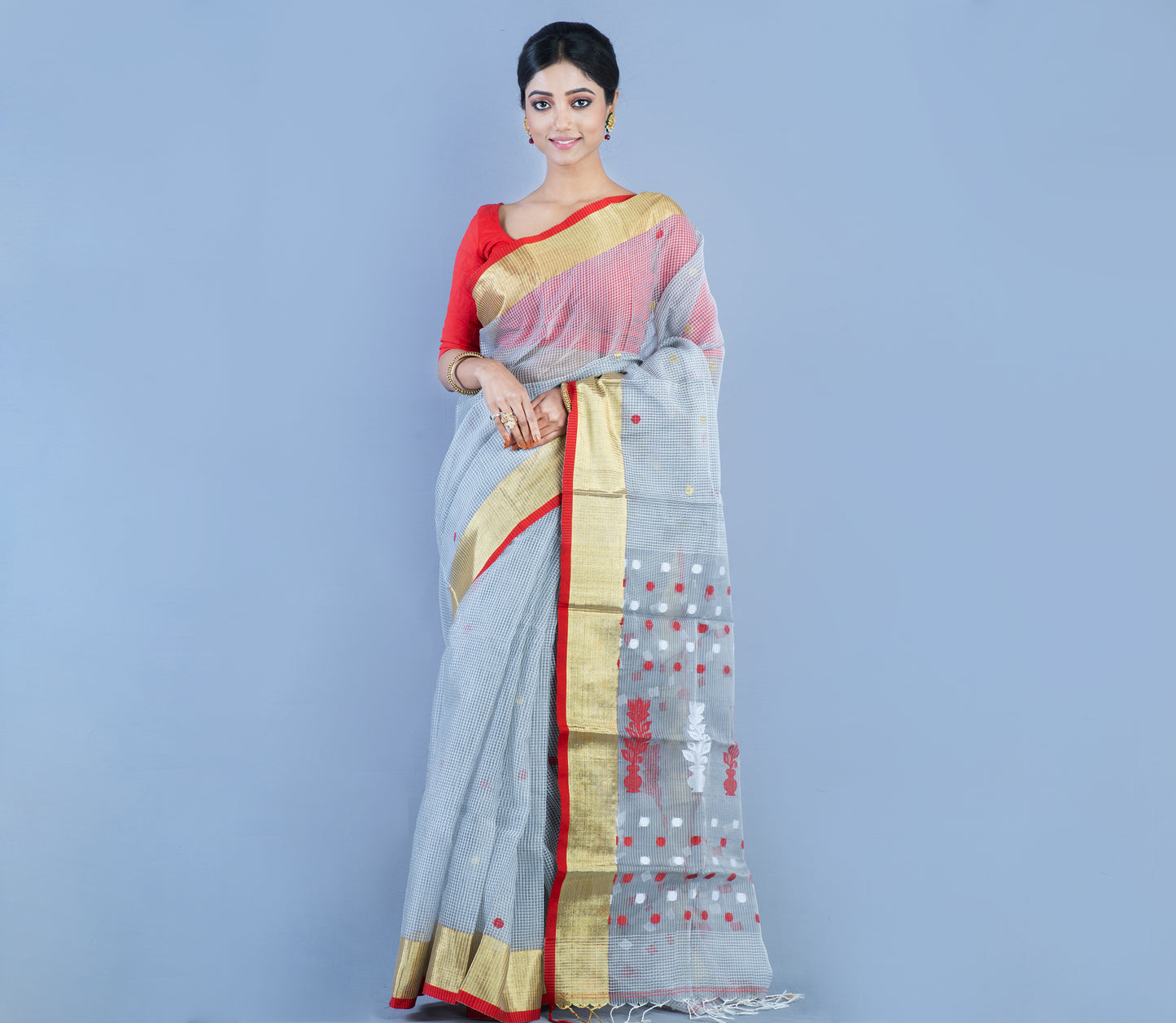 Handloom Kota Saree with Zari Par - Red on Silver - ArtisanSoul