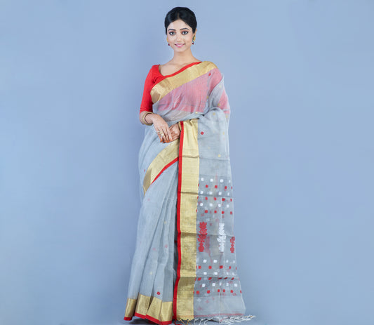 Handloom Kota Saree with Zari Par - Red on Silver - ArtisanSoul