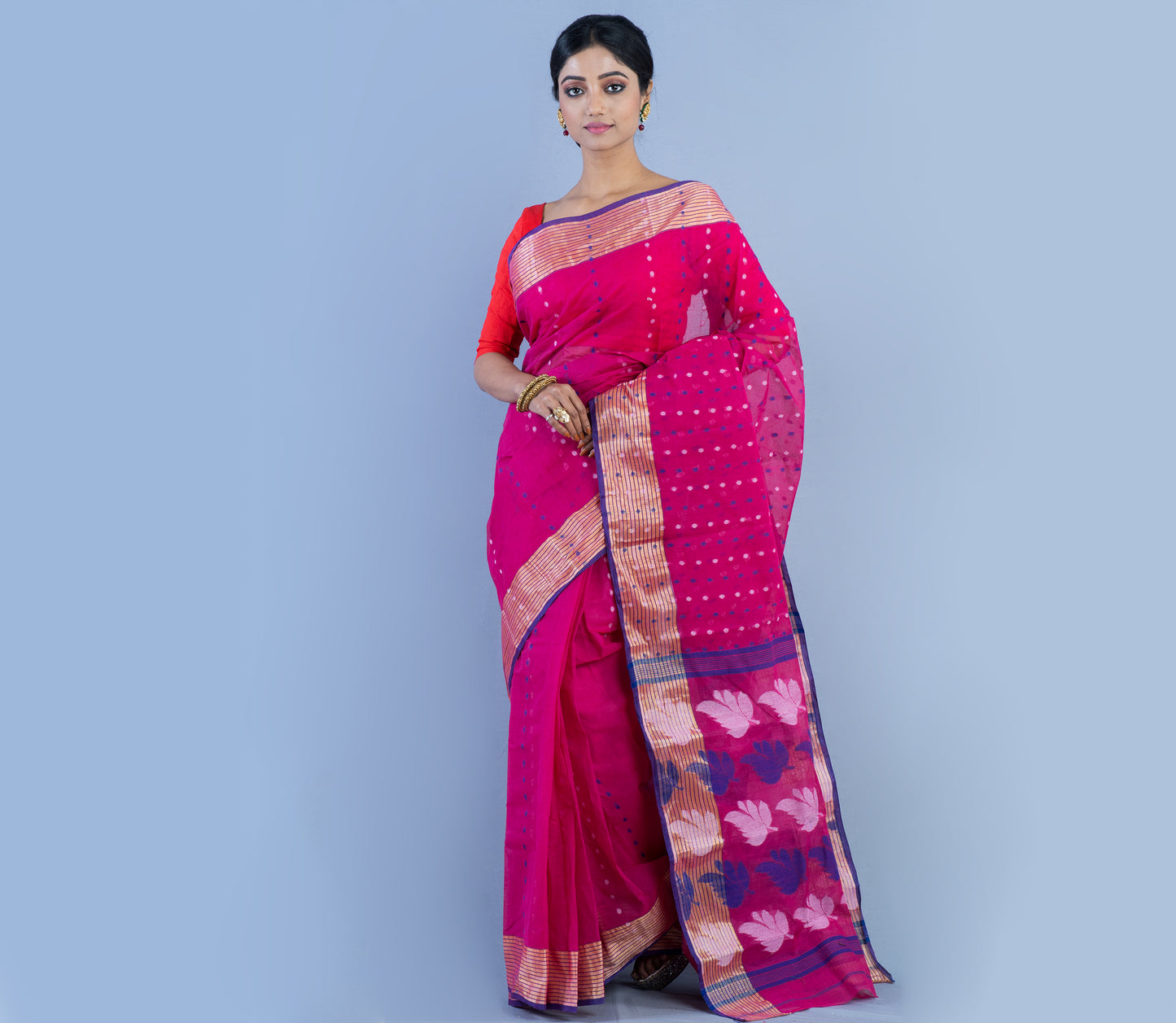 Handloom Jamdani Saree With Zari Work On Dark Pink - ArtisanSoul