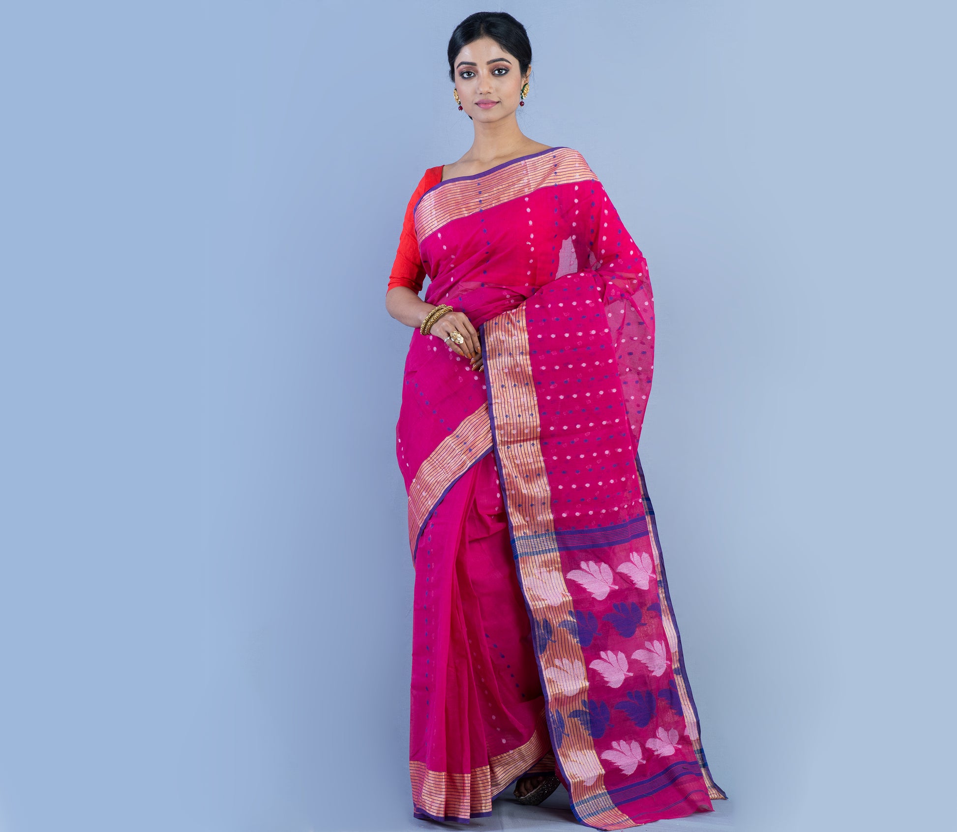 Handloom Jamdani Saree With Zari Work On Dark Pink - ArtisanSoul